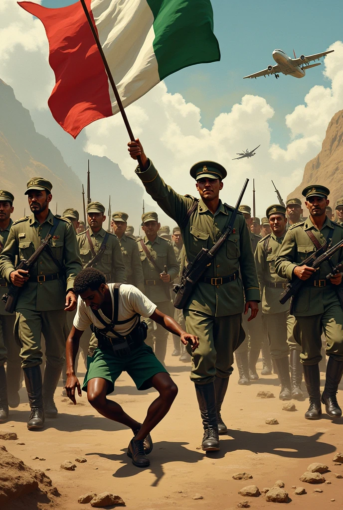 In the background, A dramatic scene unfolds showing Italian troops in military uniforms marching into Ethiopia.. They are shown aggressive and imposing, with tanks and planes hovering overhead. A soldier waves an Italian flag, while another kicks a small Ethiopian figure who looks helpless and distressed, which emphasizes the aggression that Ethiopia faces.