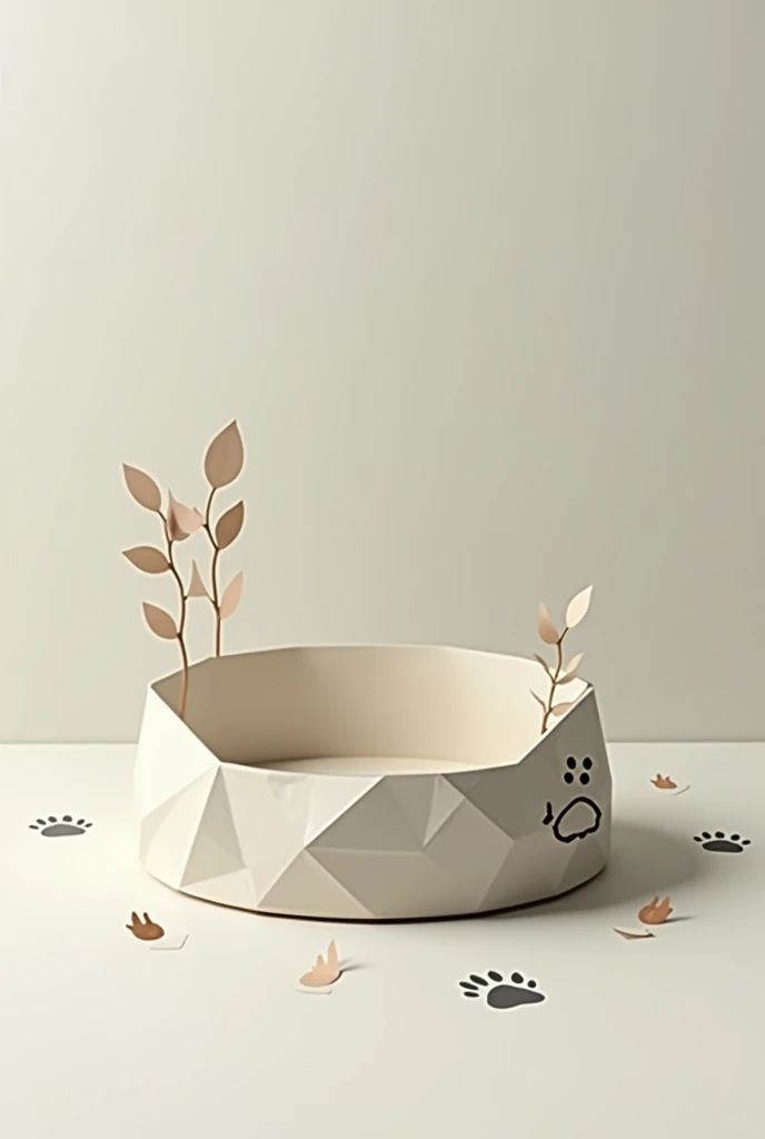 A stylized image of a circular dog bowl, made from geometric shapes that represent recycled materials (pieces of paper, plastic, etc.), with a small recycling symbol on the side. Around the plate you could include some dog footprints.
