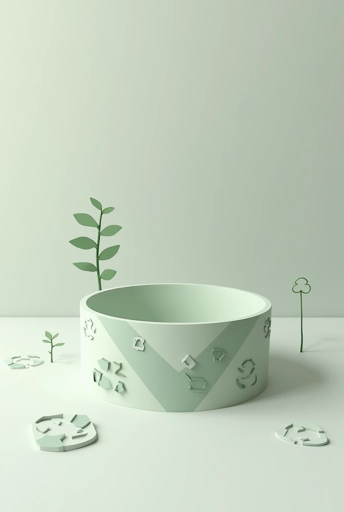 A stylized image of a circular dog bowl, made from geometric shapes that represent recycled materials (pieces of paper, plastic, etc.), with a small recycling symbol on the side. Around the plate you could include some dog footprints.