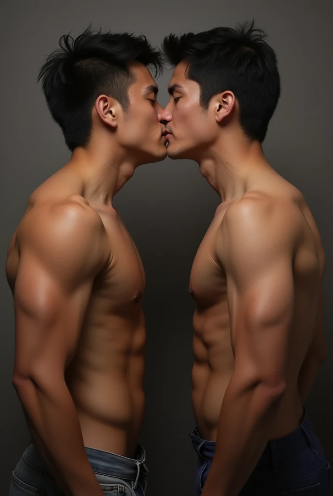 6 young muscular asian naked men with a large dick kissing each other