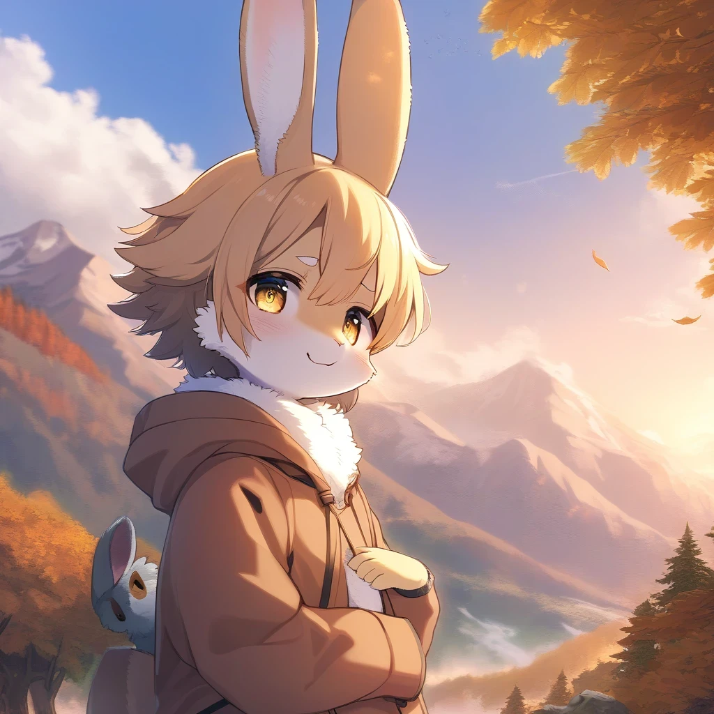 ((Masterpiece)), ((Best Quality)), (Very Detailed), ((Very Detailed)), 4K, (8K), very aesthetic, absurdres highres, 1 woman, (anthropomorphic Rabbit, furry, kemono:1.5), A mountain climber puffs out his chest with a sense of accomplishment on his face in nature at sunset. Warm light enveloped his figure, leaves on the trees were swaying in the wind, and mountains could be seen in the distance. He has a proud expression and his eyes are wide open.
