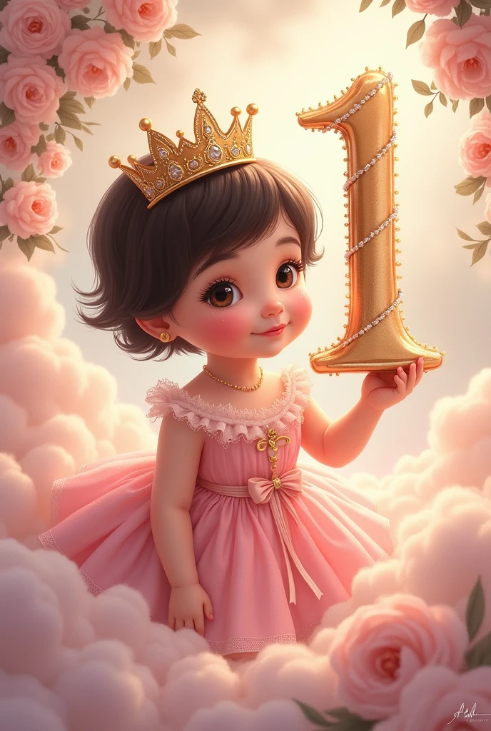 image of baby princess Aurora, for his first year with short black hair, White skin, pink dress, clouds, crown and the thick number 1 and happy birthday and the name Aurora in Spanish