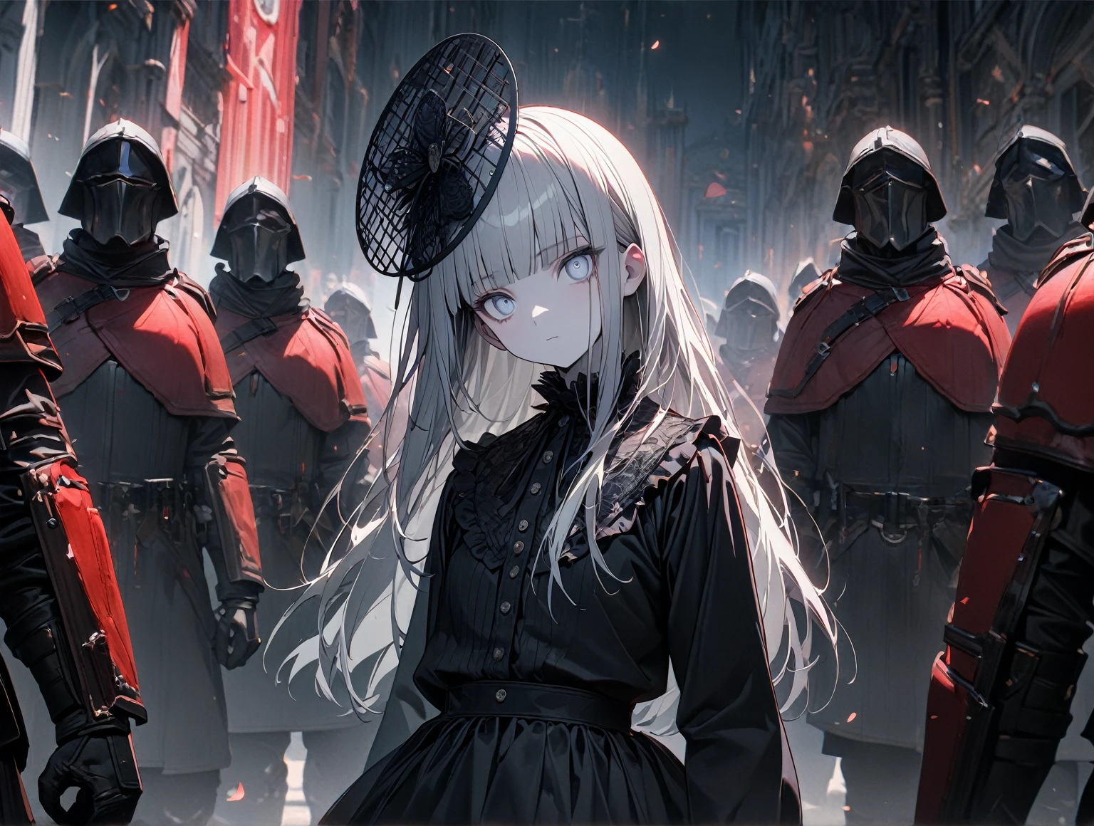 (8k, best quality, master piece: 1.2), super high resolution,1 girl,solo,,ultra-detailed face,detailed eyes,silver eyes,blunt bangs,silver hair,Straight Hair,Long Hair,pale skin,long sleeve petal collar blouse,black Fascinator,Tiered skirt,expressionless,Surrounded by bodyguards