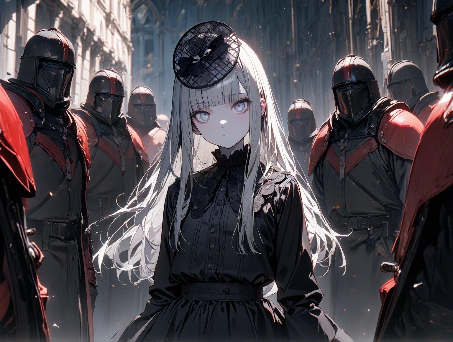 (8k, best quality, master piece: 1.2), super high resolution,1 girl,solo,16yo,ultra-detailed face,detailed eyes,silver eyes,blunt bangs,silver hair,Straight Hair,Long Hair,pale skin,long sleeve petal collar blouse,black Fascinator,Tiered skirt,expressionless,Surrounded by bodyguards