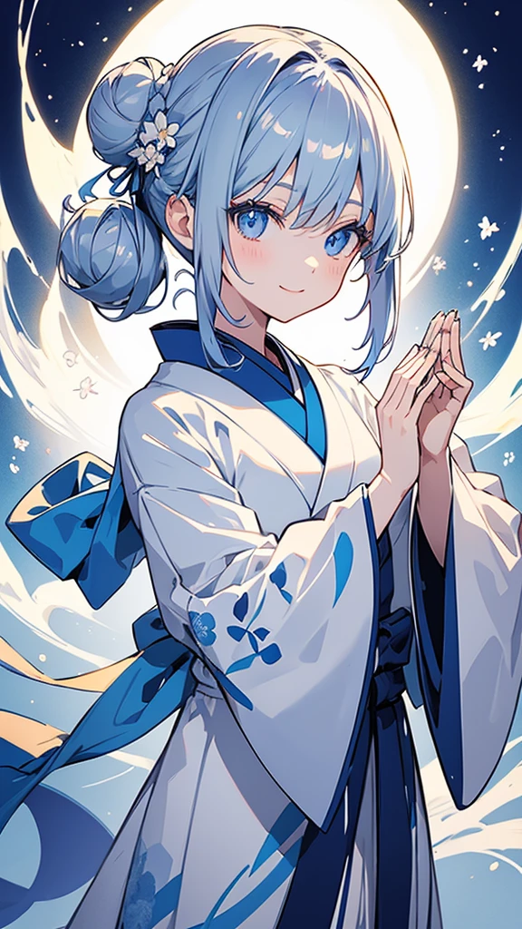 Anime character, half body only, upper body only, half body portrait, posing like a model, good looking, beautiful, full of details, aesthetic, hd, masterpiece art, amazing work. Solo, young lady, hair in bun, one bun, just one bun, flower accessories in bun, bluish gray colored hair, Lady, blue eyes, smile, elegant look, elegant carrying, white Japanese kimono, blue decoration, Lily flower theme, eyes facing camera, hands outstretched forward, hands asking for a hand , simple background.