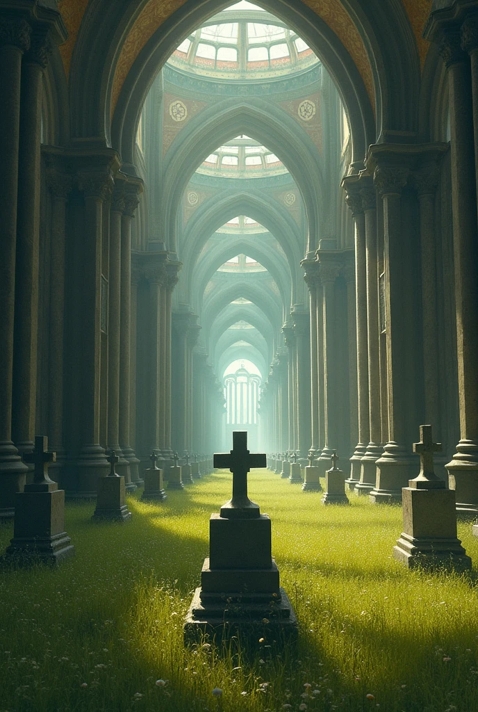 An image where the first thing you see is a grave in a meadow and it is followed by a row of graves. , The further away it goes, the more it turns into a hallway of an old cathedral or church.. How Rob Gonsalves&#39;s Unrealism Works