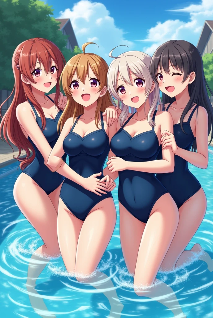 Highest quality、High resolution、Detailed Background、Beautiful face in every detail、Detailed facial expressions、Detailed eyes、age beauty、ponytail、Bobcut、Twin tails、Navy school swimsuit、Huge breasts、Perfect body line、
(Five beautiful girls in school swimsuits having fun in the school pool:1.5)、
A big smile、Laughing with your mouth open、My whole body is wet、My hair is wet too、A fun atmosphere、Embrace each other、cute仕草、Accentuate your breasts、cute