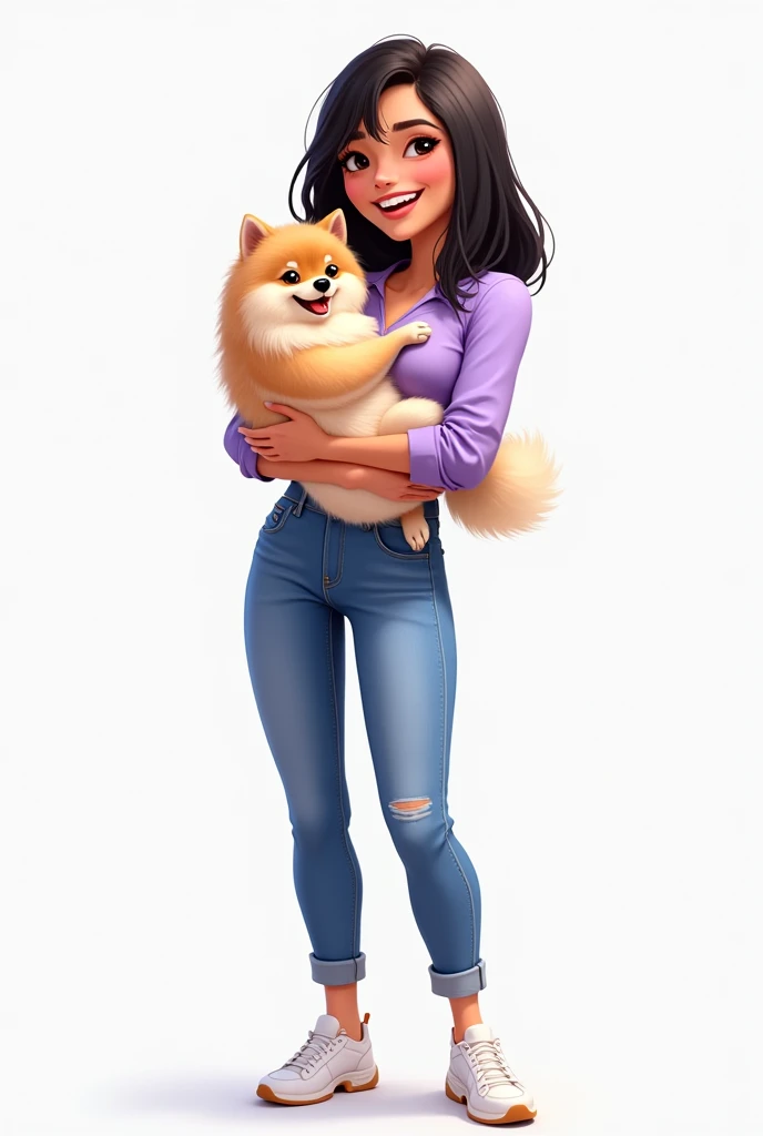Create a full body drawing of a smiling girl with medium length black hair, wearing a lilac blouse and blue jeans,
wearing white sneakers and holding a Palmerian Lulu dog on her lap