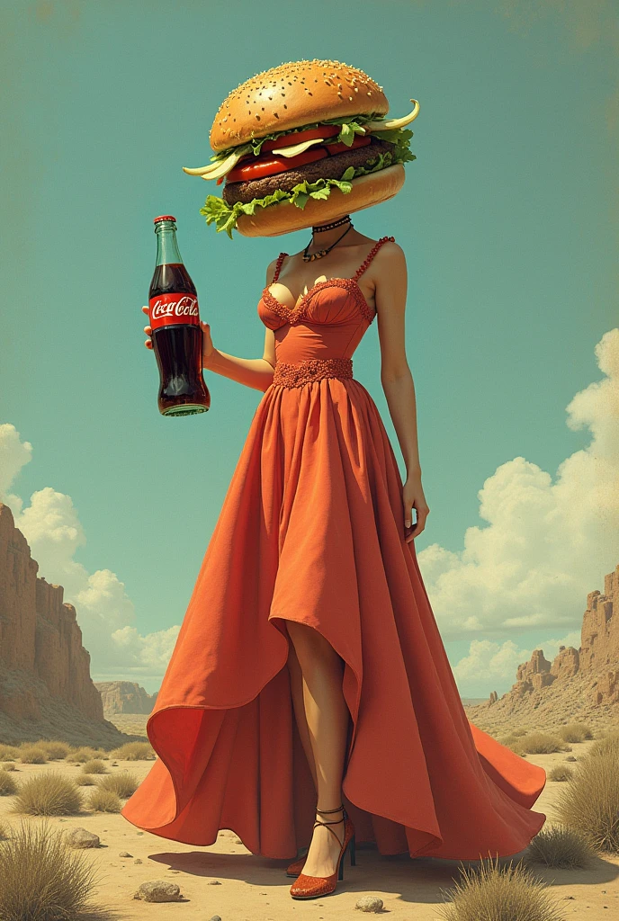 A hamburger dressed as a woman with the last Coca Cola of the past