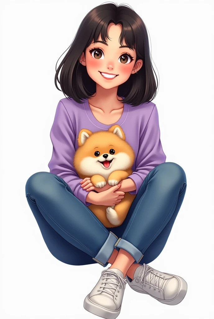 Create a full body drawing of a smiling girl with medium length black hair, wearing a lilac blouse and blue jeans,
wearing white sneakers and holding a Palmerian Lulu dog on her lap