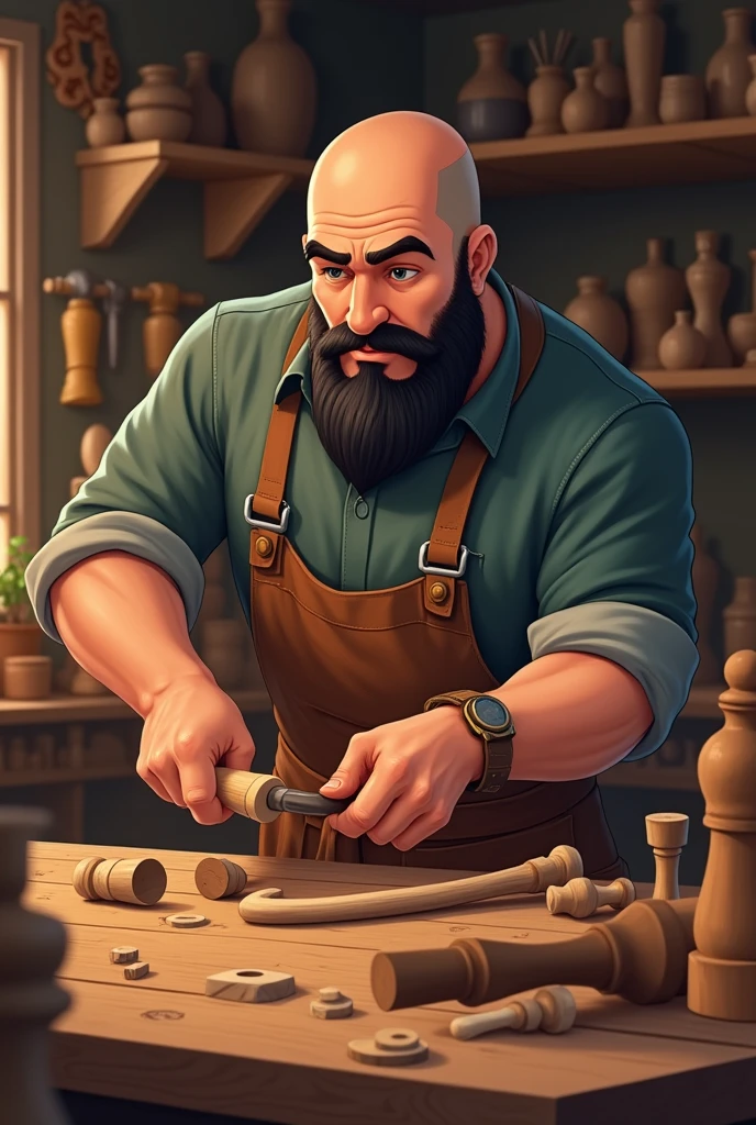 Handsome animated bald man with black beard doing wood crafts looking forward