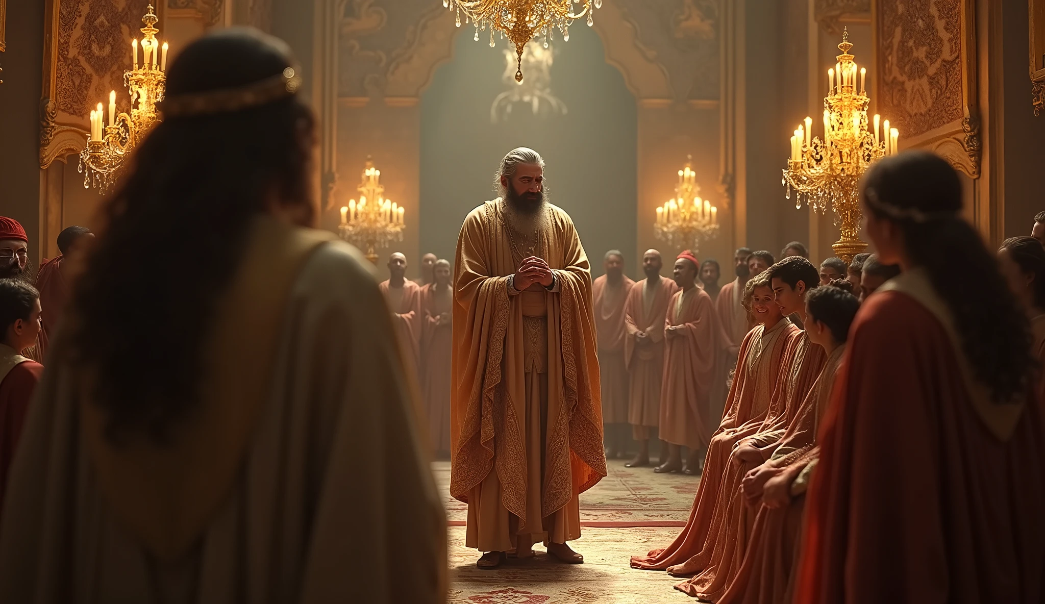 Create a hyper-realistic and mysterious image of Solomon teaching a group of people in a large palace hall, where he shares secrets of prosperity beyond material wealth. The setting should include detailed robes in soft tones of the listeners and a hall decorated with tapestries and golden candelabras.. The light coming through the windows should be soft and golden., creating an atmosphere of reflection and mystery. The expression on Solomon&#39;s face should convey calm authority., as listeners pay attention in an environment that suggests both knowledge and mystery.