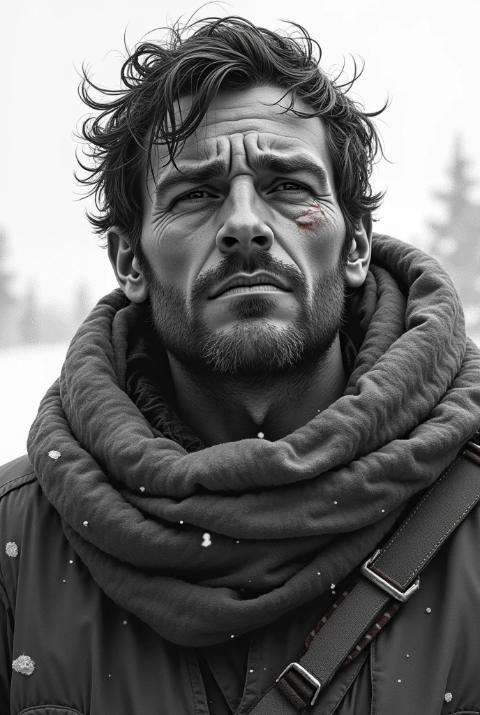 a black and white icon drawing of a guy wearing a scarf in a snowy place, sleeve-style, with a zoom on his face showing from the shoulders up, with some wounds and exhausted