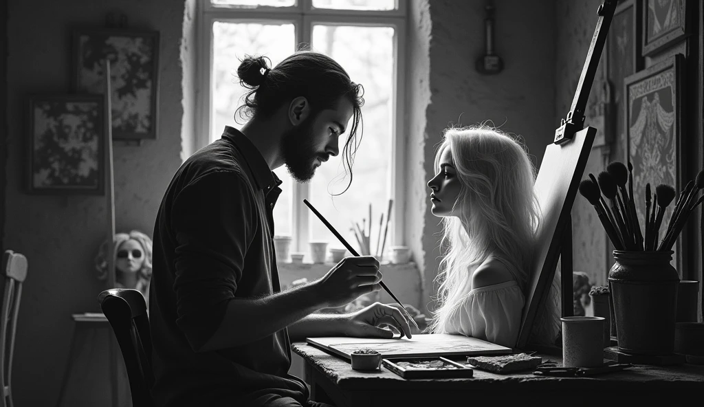 a picture of a man, who is in a small studio painting a beautiful woman with long hair and a pale smile, around the artist there are several paintings and painting tools. around looked messy. black and white background