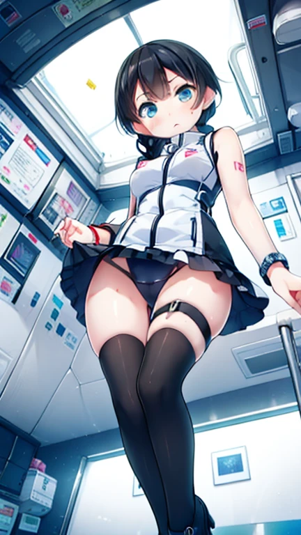 (Highest quality), (masterpiece), 1080P, High resolution, 4K, 8k, Inside the space station、Futuristic room、Thigh straps, Shooting from directly below, The woman on top of me, 白いSweat, Covered , Sweat, Woman looking down, Skirt swimsuit, Thigh-high socks, To achieve this, , , whole body, Black leather shoes, Braided hair, Inner Color, Embarrassed face, Short black hair, bracelet, Bedroom,celestial body_Vest
