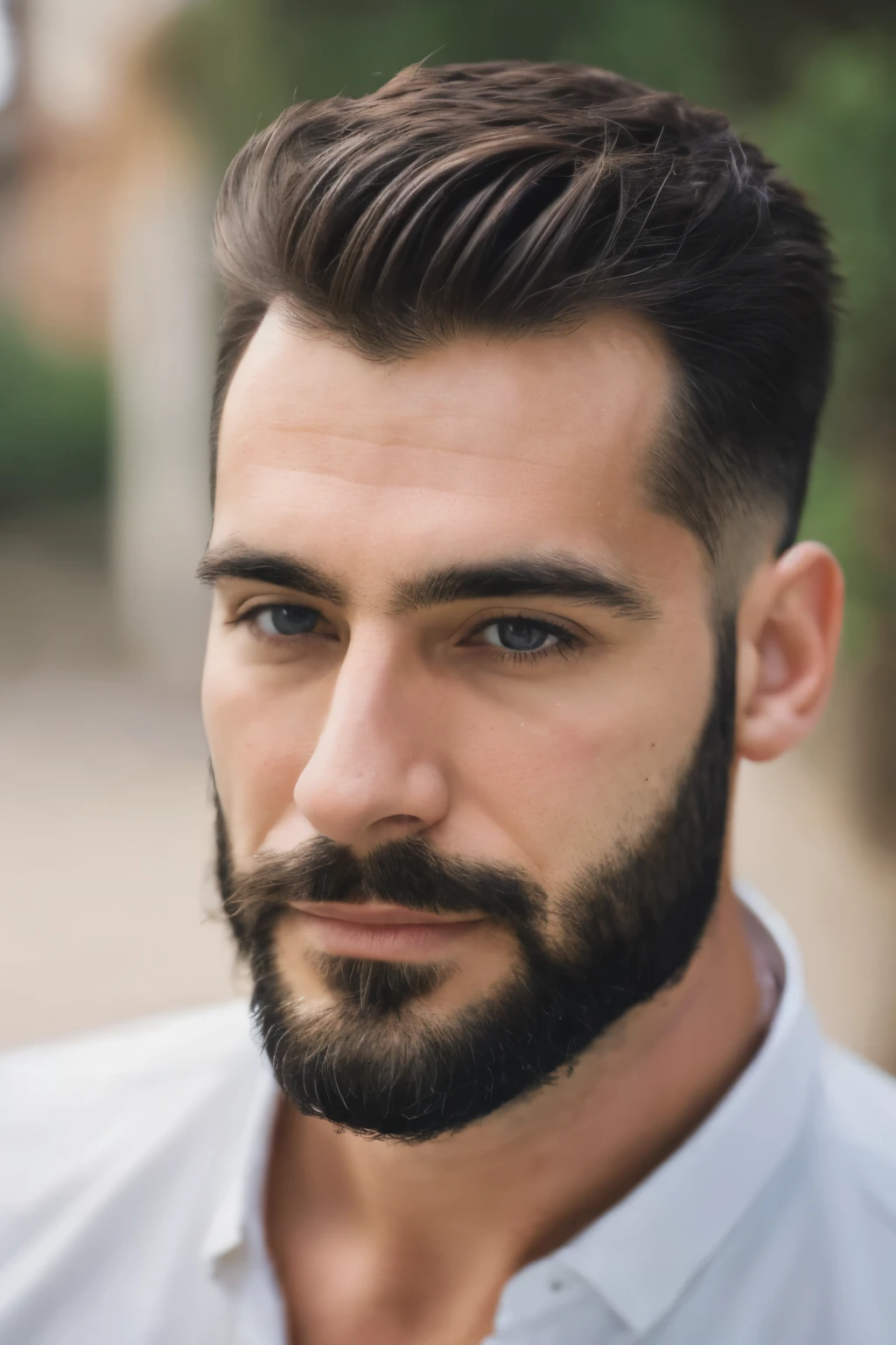 handsome man with mature face, unshaven beard, smart look, short cut hair.