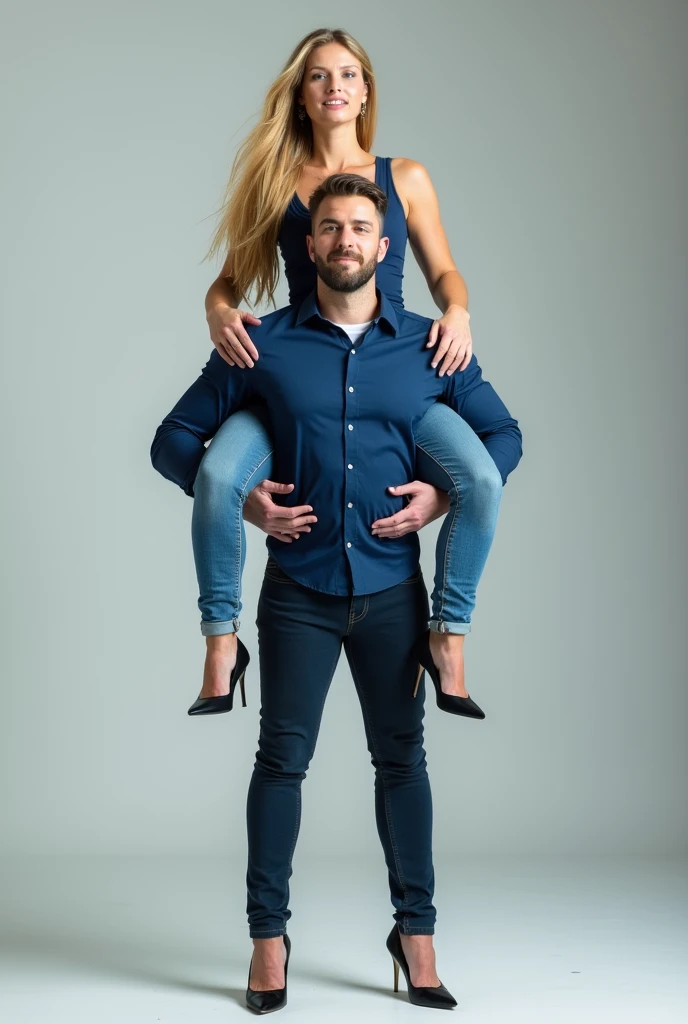 A photograph of a tall, strong woman with long, flowing blonde hair wearing a fitted, elegant blue dress with high heels. She is confidently holding a man on her shoulders, his legs dangling as he appears relaxed and comfortable. The man has a beard and is dressed casually in jeans and a blue shirt. The background is a plain, light-colored studio setting with soft, even lighting that highlights the subjects without any harsh shadows.