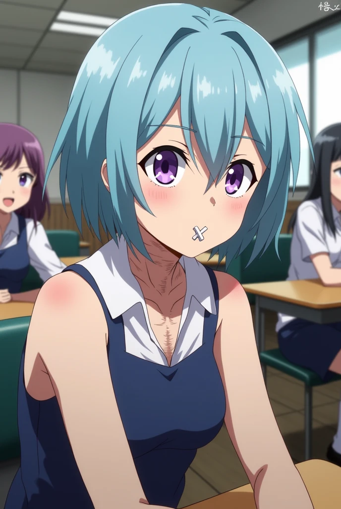 Screenshot of my hero academia, girl with short light blue hair, On the neck there are seams, the same as on the left arm, on the right side of the lip, in the shape of an ×, and there are piercings in the ears, He has purple eyes, one of them is light purple, his expression is very serious, he is wearing a U uniform.And in the background there is a school class from the U.A and she is sitting at a table 