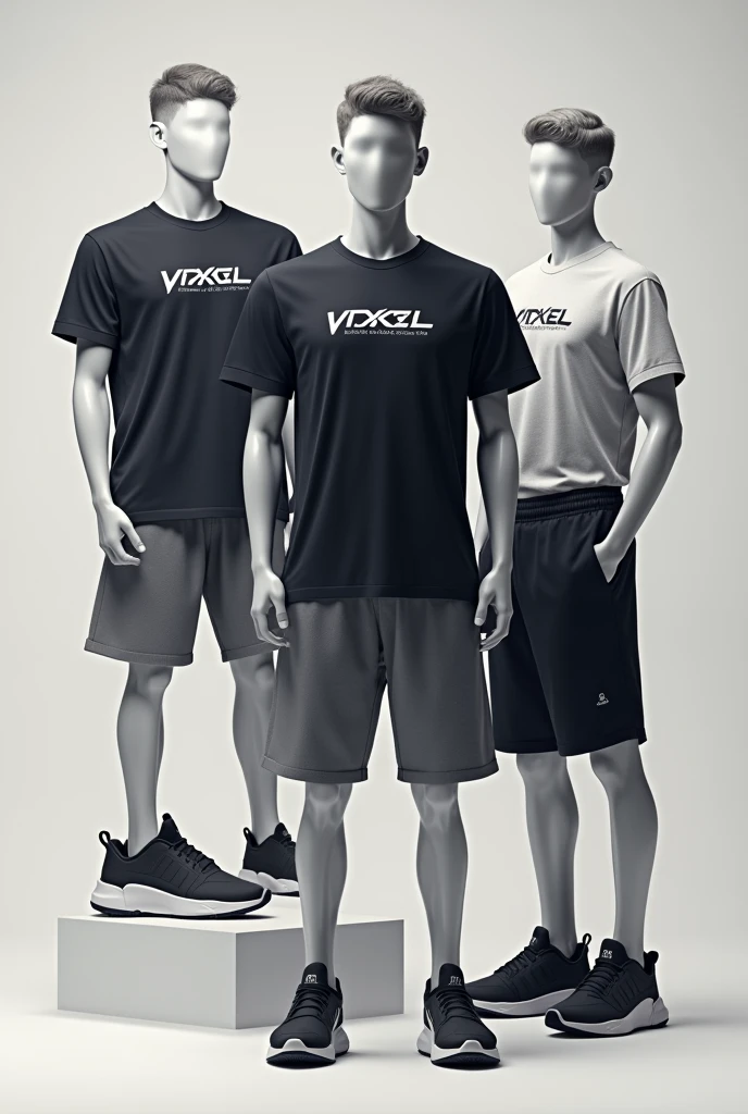 create an image of export clothing with the vixel sports logo written on it, just clothes shorts t-shirt sneakers etc.
