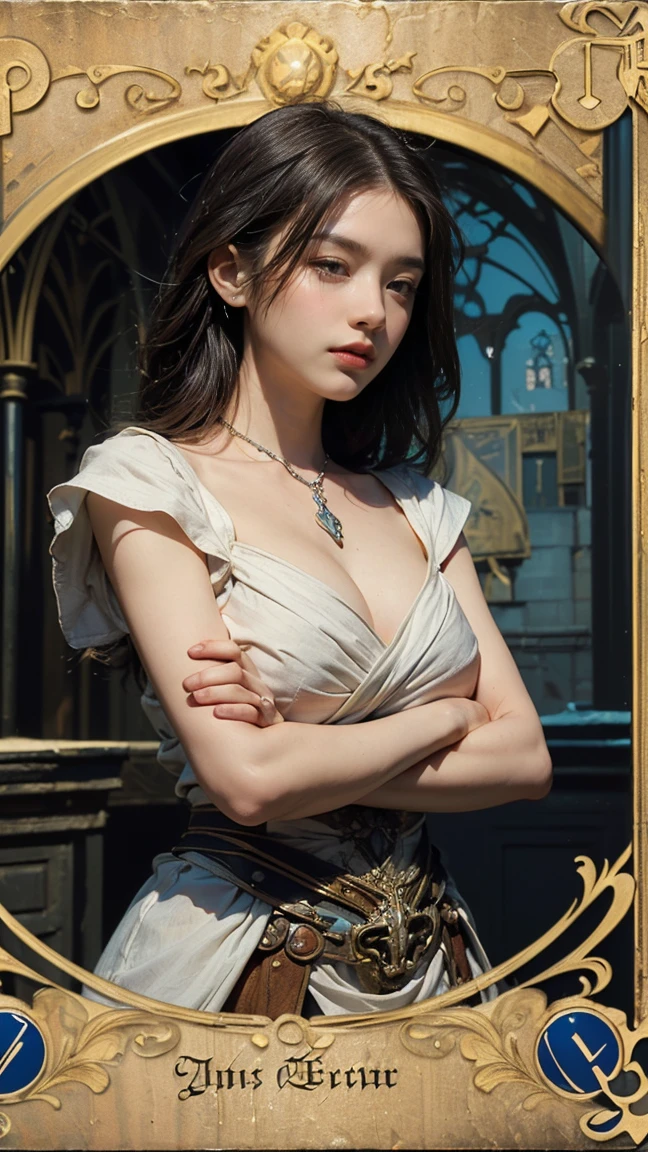Highest quality、masterpiece、タロットcard、Balance scale、(Morgan Greer Tarot:1.2)、Retro art style、Thick outline、English text、Roman numerals、card、(Fit the frame properly:1.2)、(タロットcard風の枠:1.5)、((Medieval Europe、Arms folded, thinking、Thinker Pose、Beautiful woman thinking:1.5))
