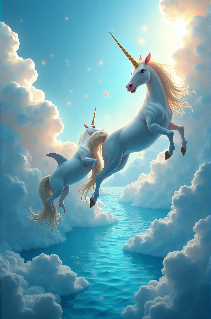 An imaginary fairytale world in the sky sea with dolphins, unicorns and lots of happiness 