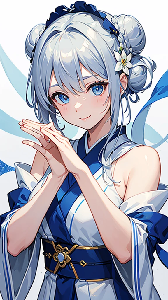 Anime character, half body only, upper body only, half body portrait, posing like a model, good looking, beautiful, full of details, aesthetic, hd, masterpiece art, amazing work. Solo, young lady, hair in bun, one bun, just one bun, flower accessories in bun, bluish gray colored hair, Lady, blue eyes, smile, elegant look, elegant carrying, white Japanese kimono, blue decoration, Lily flower theme, eyes facing camera, hands outstretched forward, hands asking for a hand , simple background.