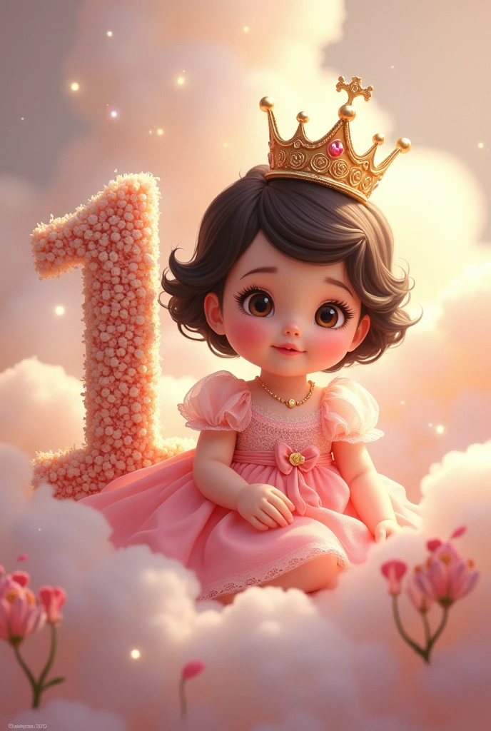 image of baby princess Aurora, for his first year with short black hair, White skin, pink dress, clouds, crown and the thick number 1 and happy birthday and the name Aurora in Spanish