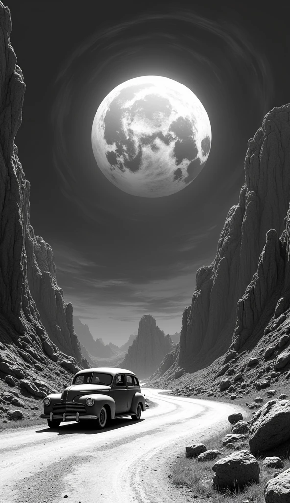  Sky is black and white swirl pattern, illustration Only sky is black and white
 Live action One retro wagon car on the road. 
 Faces of rocks standing on both sides of the road.
 Realistic full moon and swirling sky.
