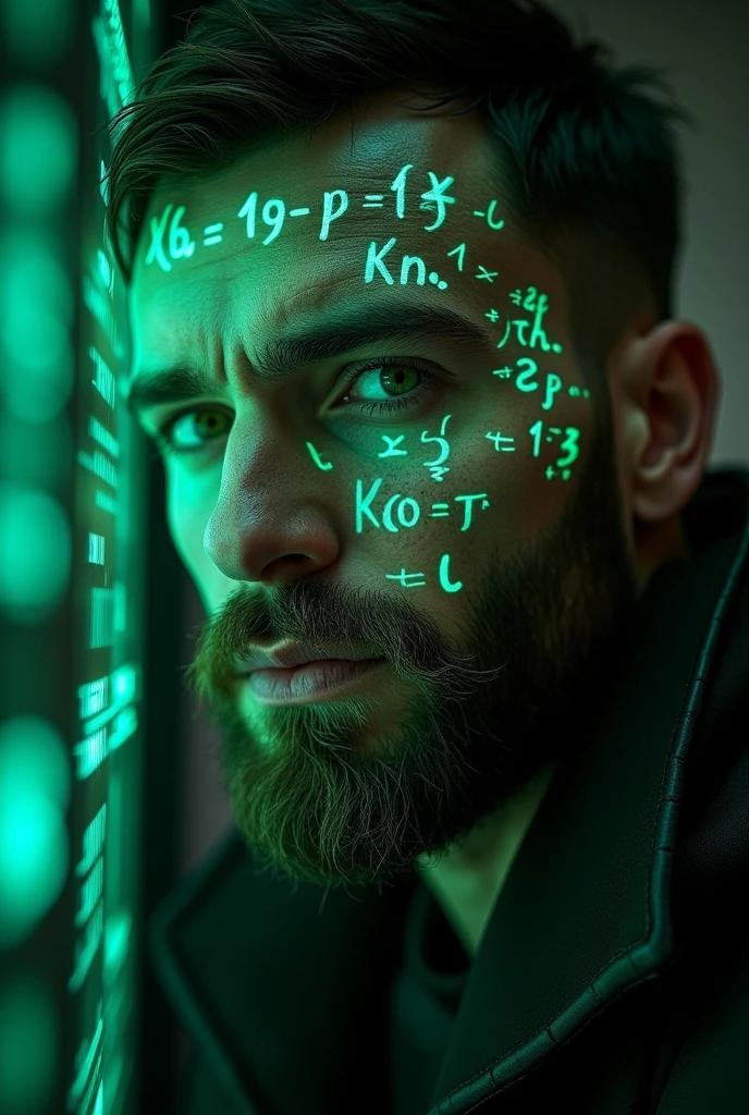 Close-up of a thin bearded man&#39;s face, bright green holographic equations projected onto the skin. intense look, realistic features. dark background, cyberpunk aesthetic. Luminous mathematical formulas, handwritten style. Futuristic, high-tech atmosphere. photorealistic rendering, dramatic lighting, sharp contrast