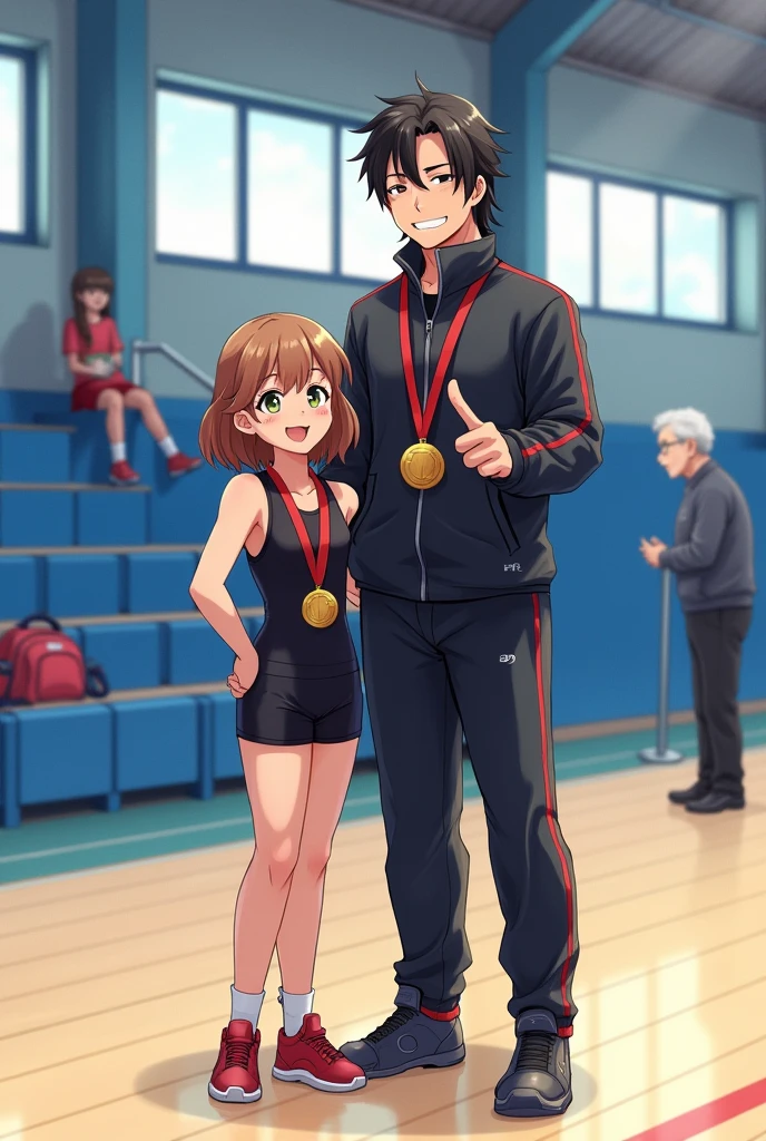 ---
Create an indoor scene inside a sports hall, focusing on two young individuals in the foreground. One of them is a young girl with light brown hair wearing a gold medal around her neck, dressed in a black sports outfit. She is looking at a taller, long-haired young man standing beside her. The young man has dark hair pulled back in a ponytail, and he is dressed in a black tracksuit, smiling and making a thumbs-up gesture. The background shows a few people seated on blue bleachers, and one older man with white hair and glasses standing to the right, engaging with others in the background. The hall has blue and white walls, and the floor is made of light wood, indicative of an indoor sports facility. There are also bags and other equipment placed on the bleachers.