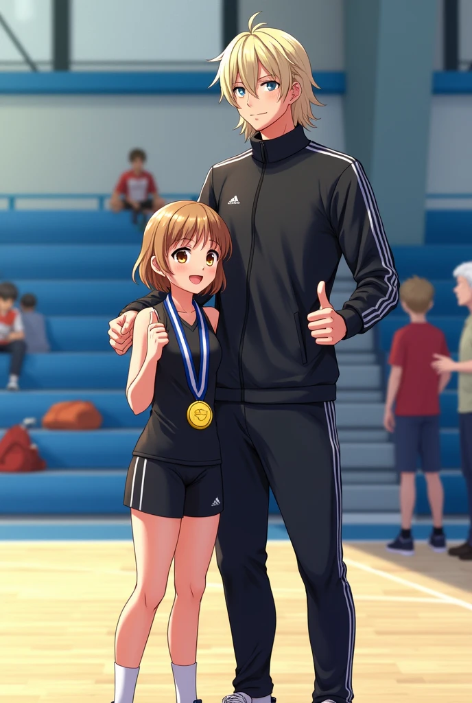 
---

Create an indoor scene inside a sports hall, focusing on two young individuals in the foreground. One of them is a young girl with light brown hair wearing a gold medal around her neck, dressed in a black sports outfit. She is looking at a taller, long-haired young man standing beside her. The young man has dark hair pulled back in a ponytail, and he is dressed in a black tracksuit, smiling and making a thumbs-up gesture. The background shows a few people seated on blue bleachers, and one older man with white hair and glasses standing to the right, engaging with others in the background. The hall has blue and white walls, and the floor is made of light wood, indicative of an indoor sports facility. There are also bags and other equipment placed on the bleachers.
