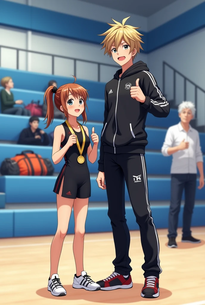 ---
Create an indoor scene inside a sports hall, focusing on two young individuals in the foreground. One of them is a young girl with light brown hair wearing a gold medal around her neck, dressed in a black sports outfit. She is looking at a taller, long-haired young man standing beside her. The young man has dark hair pulled back in a ponytail, and he is dressed in a black tracksuit, smiling and making a thumbs-up gesture. The background shows a few people seated on blue bleachers, and one older man with white hair and glasses standing to the right, engaging with others in the background. The hall has blue and white walls, and the floor is made of light wood, indicative of an indoor sports facility. There are also bags and other equipment placed on the bleachers.