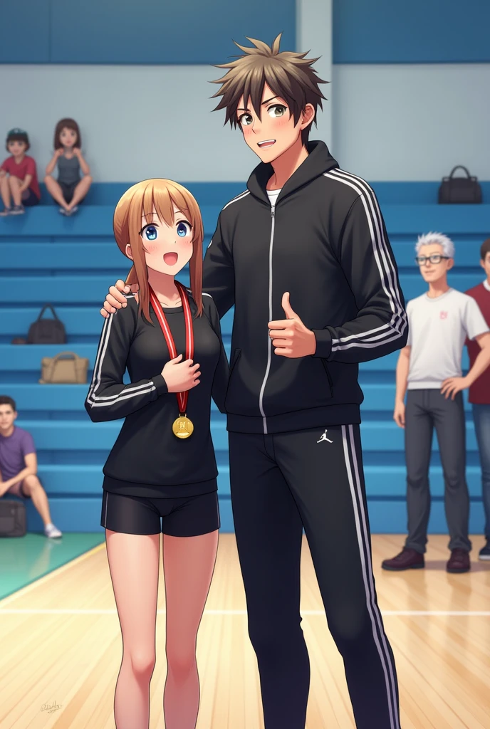 ---
Create an indoor scene inside a sports hall, focusing on two young individuals in the foreground. One of them is a young girl with light brown hair wearing a gold medal around her neck, dressed in a black sports outfit. She is looking at a taller, long-haired young man standing beside her. The young man has dark hair pulled back in a ponytail, and he is dressed in a black tracksuit, smiling and making a thumbs-up gesture. The background shows a few people seated on blue bleachers, and one older man with white hair and glasses standing to the right, engaging with others in the background. The hall has blue and white walls, and the floor is made of light wood, indicative of an indoor sports facility. There are also bags and other equipment placed on the bleachers.