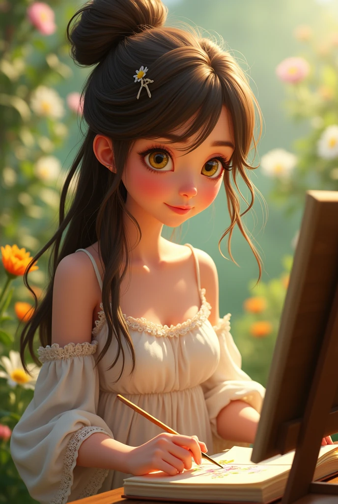 The character has long, straight, messy, browns  hair, bright yellow eyes, snow-white skin, a perfect and delicate face, she is very beautiful and is 2, make the image in the Pixar style Disney, in 9:16 format. With a messy bun painting a book in the garden.