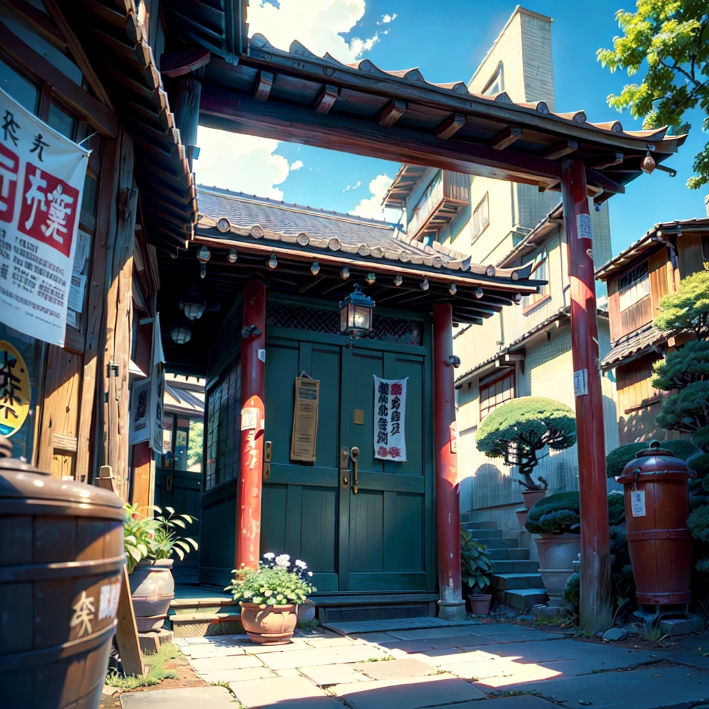 ((score_9, score_8_up, score_7_up, score_6_up)), ((rural japanese street corner: 1.3)), japanese architecture, ((torri gate arching over street: 1.2)), detailed anime artwork, anime scene, ((bright blue sky: 1.0)), extra detailed, very detailed, ((vibrant banners with japanese text: 1.2)), ((glass windows: 1.1)), ((big plant pots: 1.1)), ((japanese lanterns: 1.1)), ((wooden doors: 1.1)), metal trash can, anime style, anime, lofi, lofi vibe, sparkle, cinematic lighting, god rays, glowing light, ((best quality:1.5)), ((masterpiece:1.5)), ((highly detailed:1.3)), ((anime aesthetic:1.2)), ((no one: 1.2)), ((no people: 1.2))
