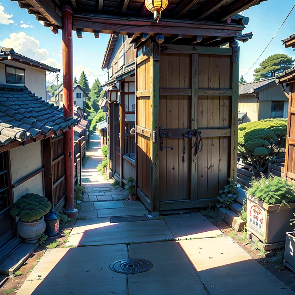 ((score_9, score_8_up, score_7_up, score_6_up)), ((rural japanese street corner: 1.3)), japanese architecture, ((torri gate arching over street: 1.2)), detailed anime artwork, anime scene, ((bright blue sky: 1.0)), extra detailed, very detailed, ((vibrant banners with japanese text: 1.2)), ((glass windows: 1.1)), ((big plant pots: 1.1)), ((japanese lanterns: 1.1)), ((wooden doors: 1.1)), metal trash can, anime style, anime, lofi, lofi vibe, sparkle, cinematic lighting, god rays, glowing light, ((best quality:1.5)), ((masterpiece:1.5)), ((highly detailed:1.3)), ((anime aesthetic:1.2)), ((no one: 1.2)), ((no people: 1.2))
