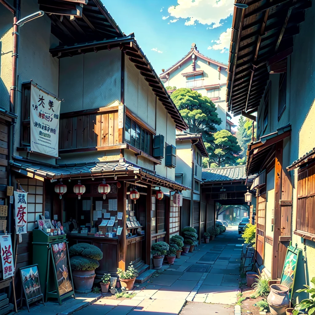 ((score_9, score_8_up, score_7_up, score_6_up)), ((rural japanese street corner: 1.3)), japanese architecture, ((torri gate arching over street: 1.2)), detailed anime artwork, anime scene, ((bright blue sky: 1.0)), extra detailed, very detailed, ((vibrant banners with japanese text: 1.2)), ((glass windows: 1.1)), ((big plant pots: 1.1)), ((japanese lanterns: 1.1)), ((wooden doors: 1.1)), metal trash can, anime style, anime, lofi, lofi vibe, sparkle, cinematic lighting, god rays, glowing light, ((best quality:1.5)), ((masterpiece:1.5)), ((highly detailed:1.3)), ((anime aesthetic:1.2)), ((no one: 1.2)), ((no people: 1.2))

