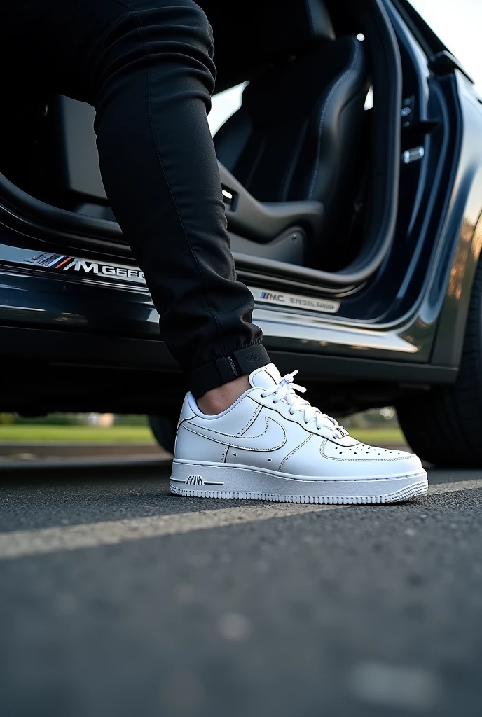 "Generates an image showing the door sill of a BMW X6 M Competition, with the text 'X6 M Competition' prominently engraved on an entrance plate. The shot must be taken from a low angle, Also focusing on the front seat in black leather with sporty stitching. A foot wearing a pair of all-white Nike Air Force 1s should appear resting on the pavement, right next to the vehicle entrance. No person should appear in the image, only the foot with the shoe with the widest angle on the pavement.
