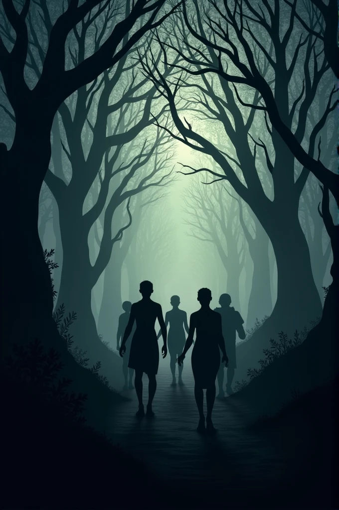 Silhouette of slaves disappearing into the darkness of the dark forest 