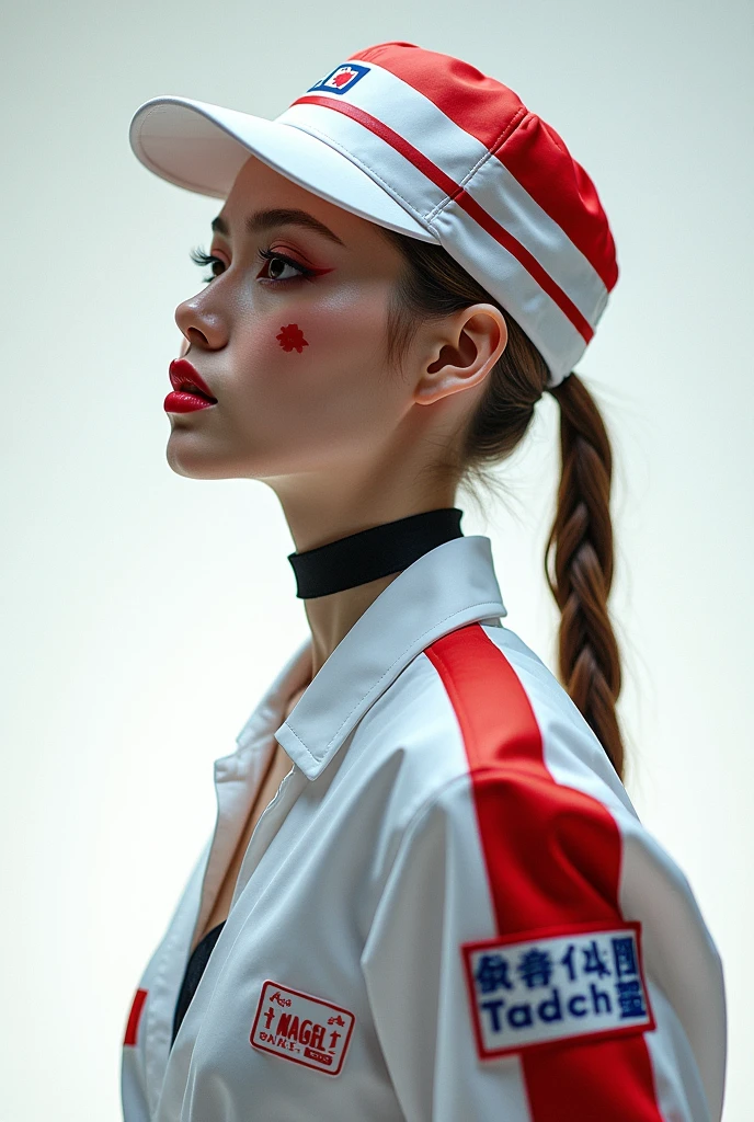 ((Highest quality)), ((masterpiece)), (detailed), Perform to the best of your ability、Print out avant-garde fashion photos、大masterpiece、detailed、high resolution、I leave it to your sense、Clothes, hats, accessories and fashion goods with designs inspired by the Shinkansen、Body painting、Face painting、White background、Flat lighting、Fashion model posing、Art Performance