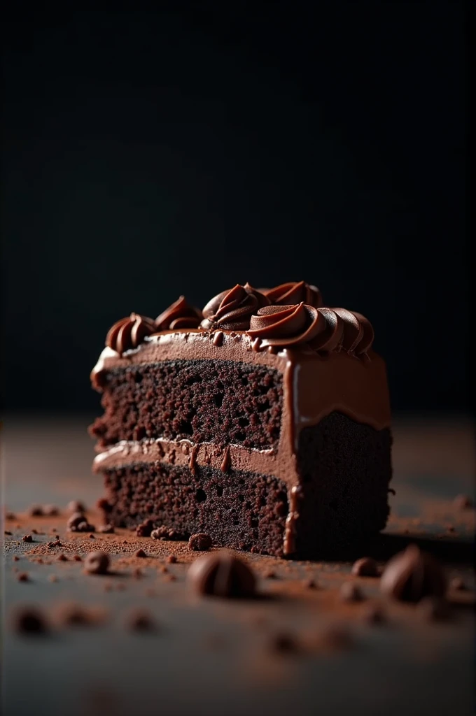 cinematic film still chocolate, chocolate cake, dark background, quality photo, moist texture, frosting, studio photo, slice . shallow depth of field, vignette, highly detailed, high budget, bokeh, cinemascope, moody, epic, gorgeous, film grain, grainy