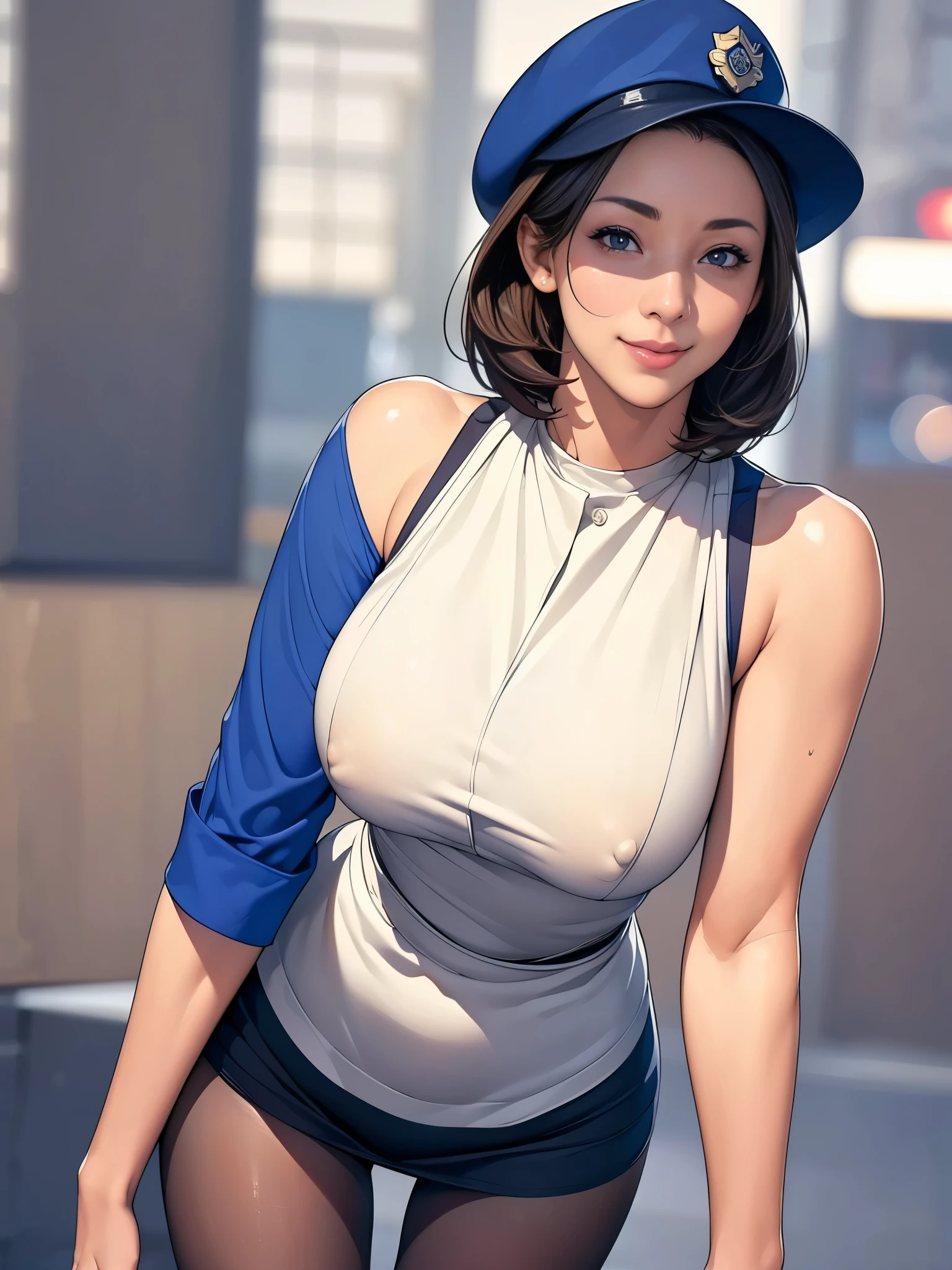 ((Armpit Show)),((Sleeveless)),(masterpiece:1.2, Highest quality), (Realistic, photoRealistic:1.4),Beautiful illustrations,(Natural Side Lighting, Cinema Lighting),1 female,Japanese,Mature Woman,Female police officer on patrol,4,Perfect Face, Symmetrical face, Glowing Skin,Random Hairstyles,Big eyes,Sexy Eyes,(smile),(whole body),break((Police Officer Shirt)),((A tight mini skirt made from very thin fabric)),(Police hat),(Police Pantyhose),(The background is a street corner:1.5),(((Background Blur:1.5))),((Police uniform)),break(((front:1.5))),(((Leaning forward))),((Beautiful hand-drawn))