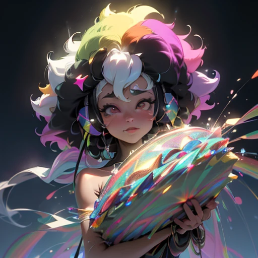 A stunningly ethereal black with a big Afro, wearing headphones, composed of a dazzling array of rainbow hues, reclines gracefully at the end of a radiant rainbow amidst the fluffy clouds in the sky. Bathed in dynamic and enchanting lighting, accentuates her vibrant, full-bodied form. Fantasy art. Masterpiece