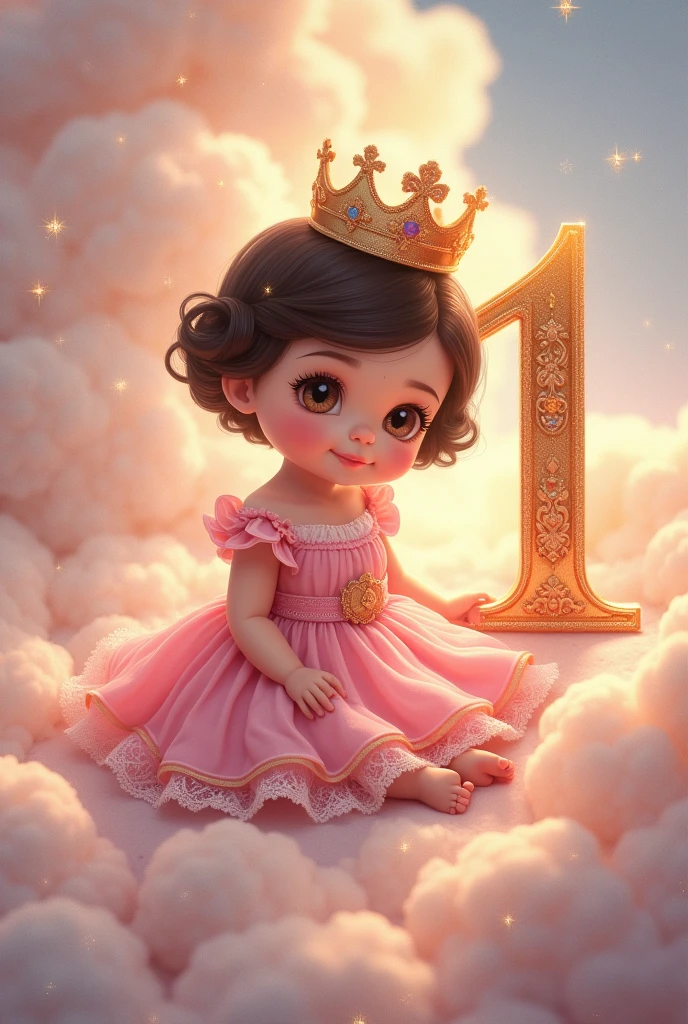 image of baby princess Aurora, for his first year with short black hair, White skin, pink dress, clouds, crown and the thick number 1 and happy birthday and the name Aurora in Spanish