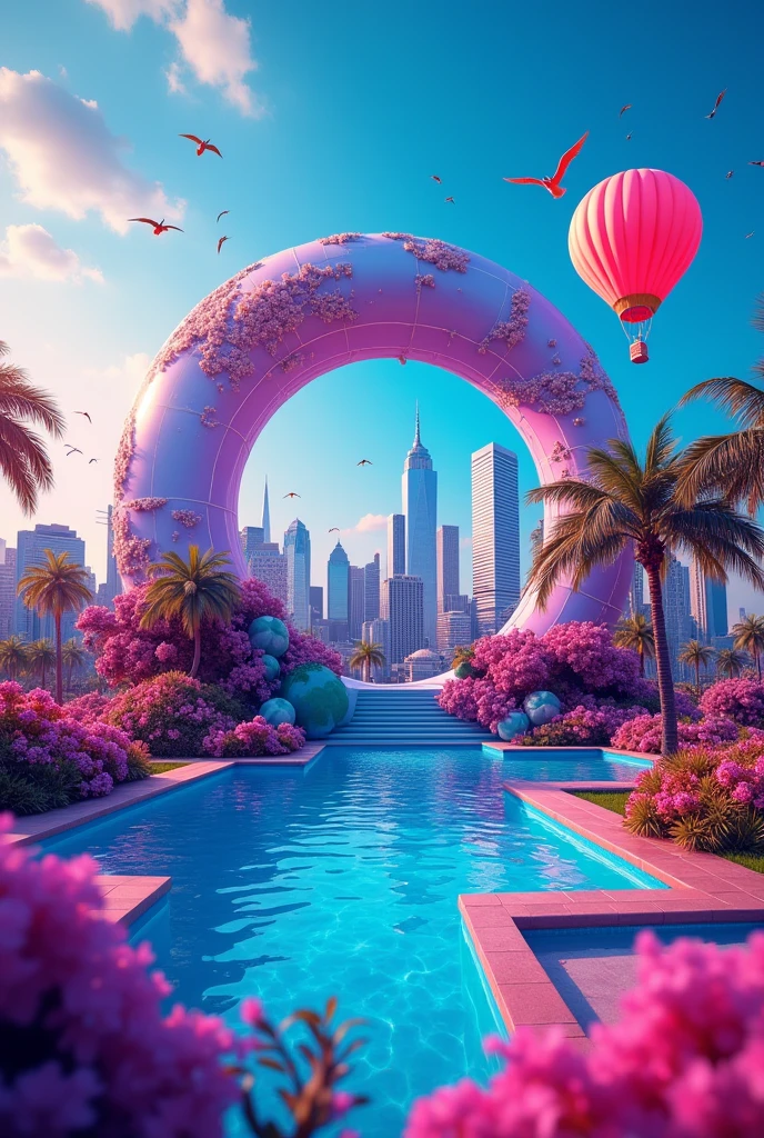 a 360 fisheye globe effect with nyc buildings synths palm trees
pool birds and hot air balloon sticking out 3d plastic shading all bright colors neon blue purple red keyshot render
Make it "PNG" image