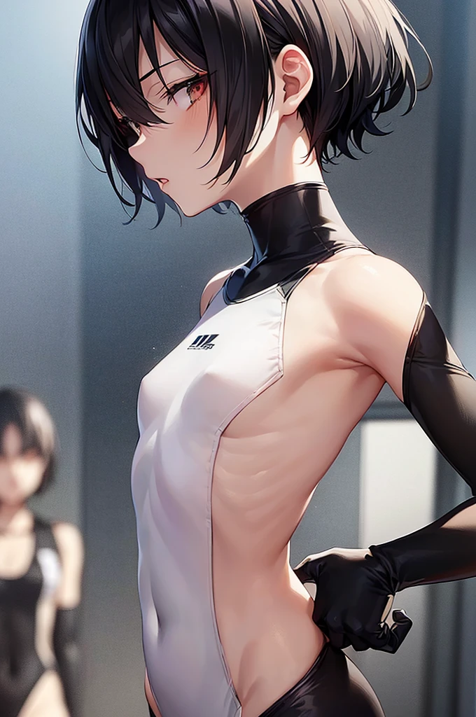 masterpiece, best quality,anime style, 1 girl,(((slender body))), (((small eyes))),(((athlete suit))), (beautiful face), (((short hair))), (((straight hair))), ((((black hair)))),detailed beautiful skin, (perfect hands, perfect anatomy),scream