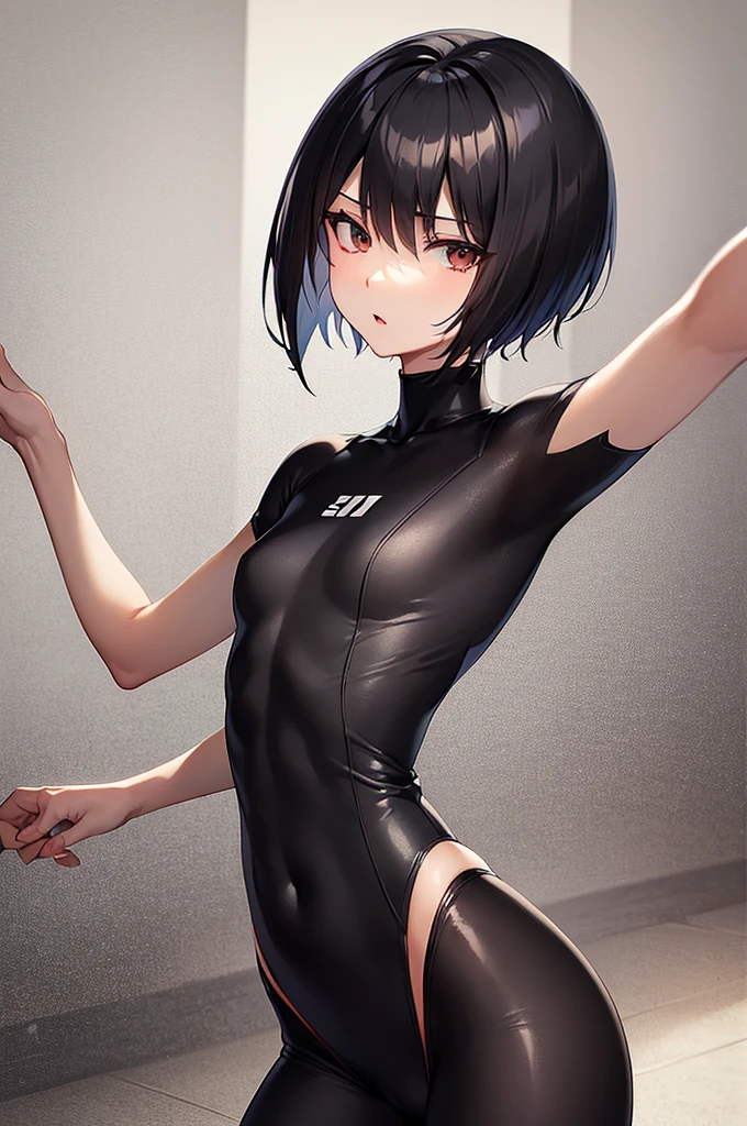 masterpiece, best quality,anime style, 1 girl,(((slender body))), (((small eyes))),(((athlete suit))), (beautiful face), (((short hair))), (((straight hair))), ((((black hair)))),detailed beautiful skin, (perfect hands, perfect anatomy),scream