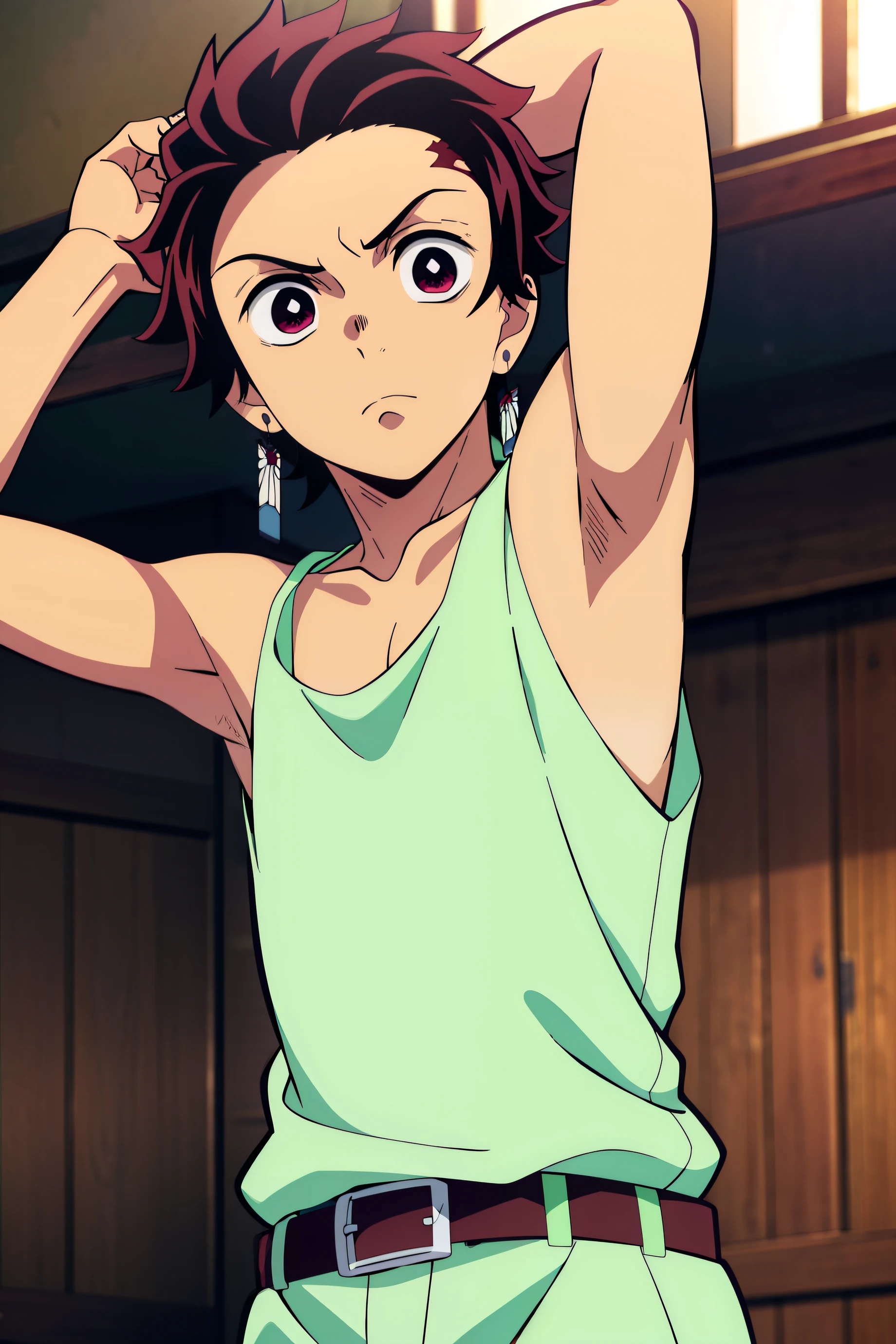 Highres, Masterpiece, Best quality at best,Best Quality,hight quality, hight detailed, Anime style, 1boy, Boy, Shota, Solo person, Tanjiro_kamado, Demon slayer, Earring, Tank top, Belt, Summer day, Slim body, Upper body, Blurry beckground, Seen from the front, (Showing armpit:1.3), (very young boy), (very small and short body), Uhd