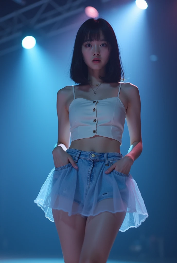 Long shot profile portrait photo of a beautiful cute girl, (front shot from below:1.2), NSFW:1.2, black medium straight hair, Japanese junior idol, neat and clean face, 50mm portrait, peformimg on single stage under lighting, Top: white camisole, front button closure, light blue see-through skirt, blue and white shoe, standing on stage, (leg up high:1.2), ((panty shot:1.2)), ((white cotton panties:1.3), (((shot focus on the crotch)),
