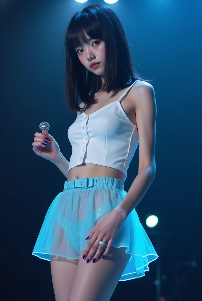 Long shot profile portrait photo of a beautiful cute girl, (front shot from below:1.2), NSFW:1.2, black medium straight hair, Japanese junior idol, neat and clean face, 50mm portrait, peformimg on single stage under lighting, Top: white camisole, front button closure, light blue see-through skirt, blue and white shoe, standing on stage, (leg up high:1.2), ((panty shot:1.2)), ((white cotton panties:1.3),  (((shot focus on the crotch)), 